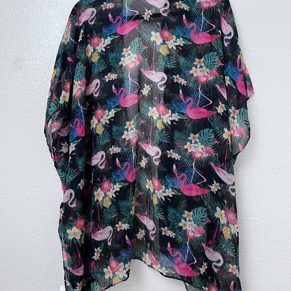 Women Sheer Flamingo Print Kimono Wrap Cover Up OS Open Front Summer Resortwear - Picture 6 of 10